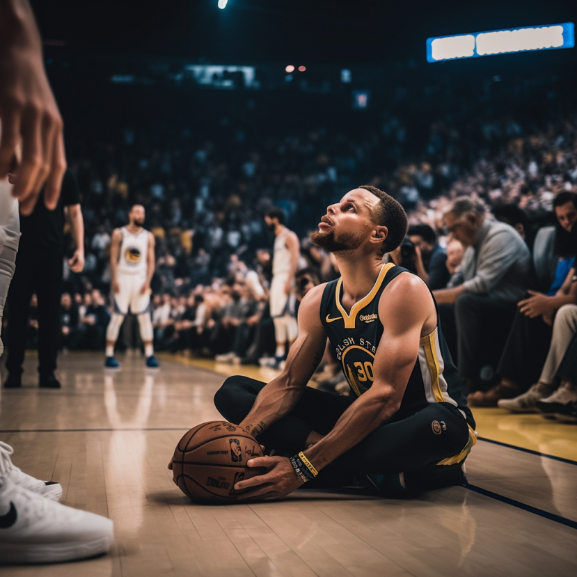 Steph Currys Injury - Steph Curry Sits on a basketball court in visible pain