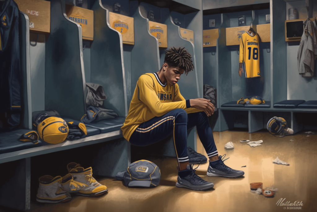 Ja Morant sitting on a bench, wearing a team uniform and holding a basketball, looking down at the floor with a mix of exhaustion and satisfaction after a game, surrounded by empty chairs and sports equipment in a quiet locker room