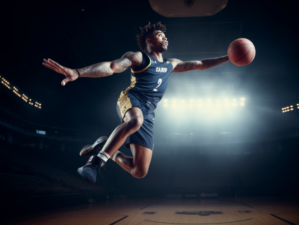 Ja Morant soaring through the air, basketball in hand, ready to dunk, against a dark background illuminated by bright stadium lights, his face showing intense focus and determination, captured in a high-speed sports photography style with a 70-200mm lens