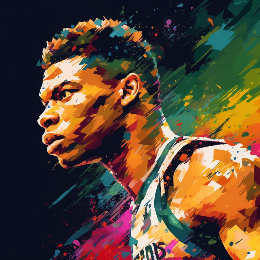 an image of Giannis Antetokounmpo in the style of abstract paint, headshot, in the style of hip hop aesthetics, Milwaukee Bucks colors, pixel perfect, 32k uhd, Giannis Antetokounmpo's Shoe Size, Greek Freek's Shoe Size