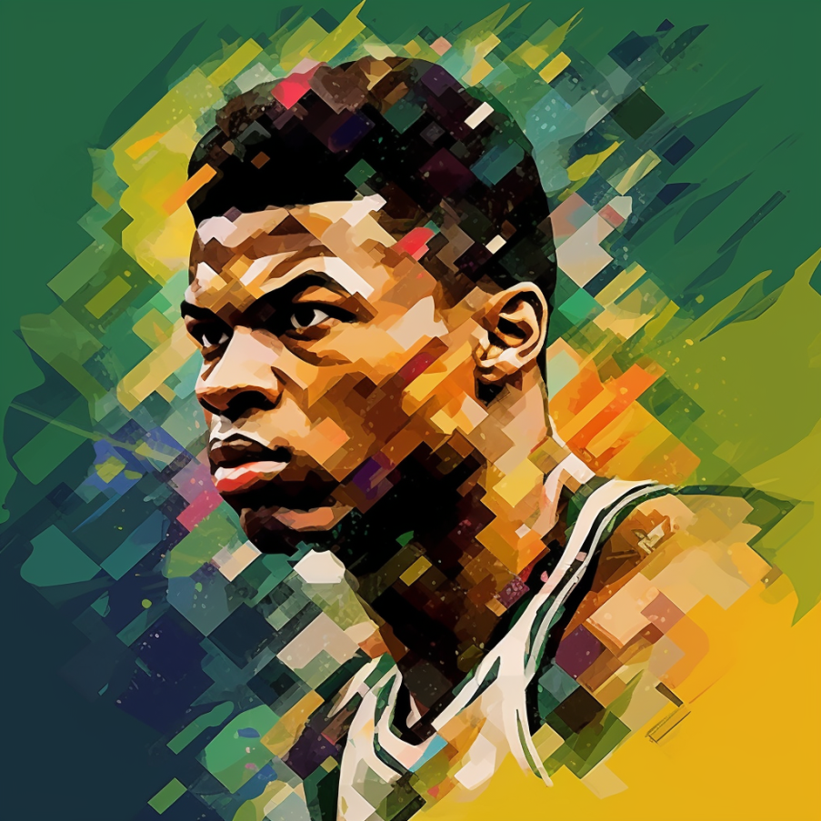 an image of Giannis Antetokounmpo in the style of abstract paint, headshot, in the style of hip hop aesthetics, Milwaukee Bucks colors, pixel perfect, 32k uhd, Giannis Antetokounmpo's Shoe Size, Greek Freek's Shoe Size