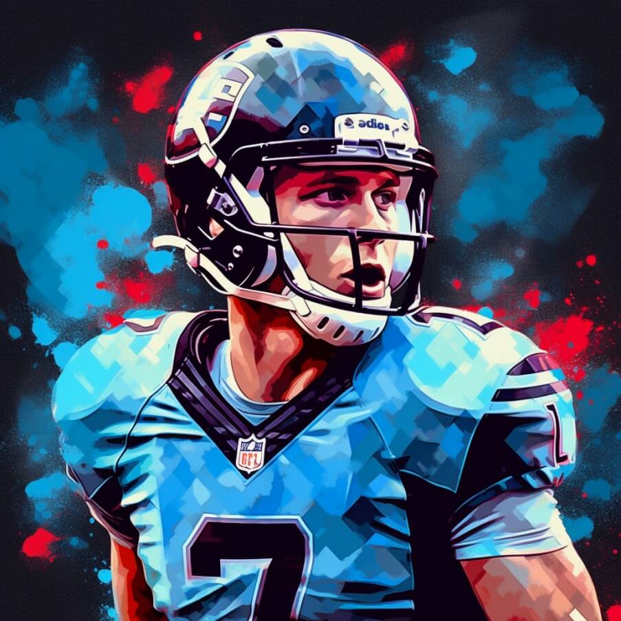 an image of christian mccaffrey in the style of abstract paint, in the style of hip hop aesthetics, light blue and black, pixel perfect, 32k uhd, dark blue and light crimson, christian mccaffrey's shoe size