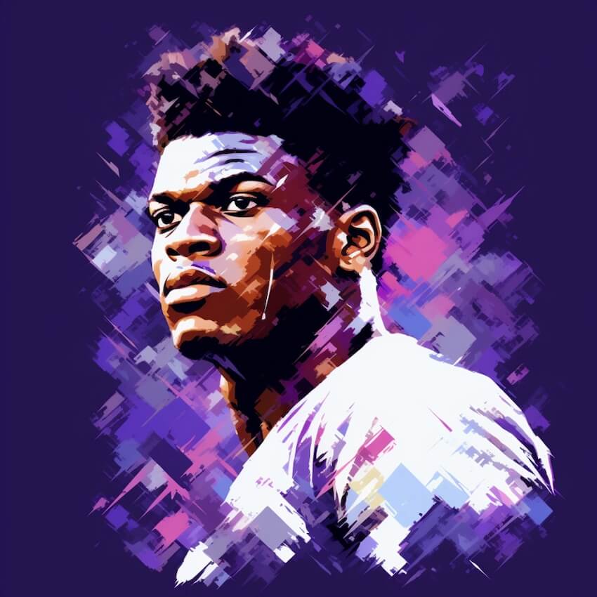 an image of Lamar Jackson NFL star in the style of abstract paint, in the style of hip hop aesthetics, purple with white, pixel perfect, 32k uhd, dark blue and light crimson