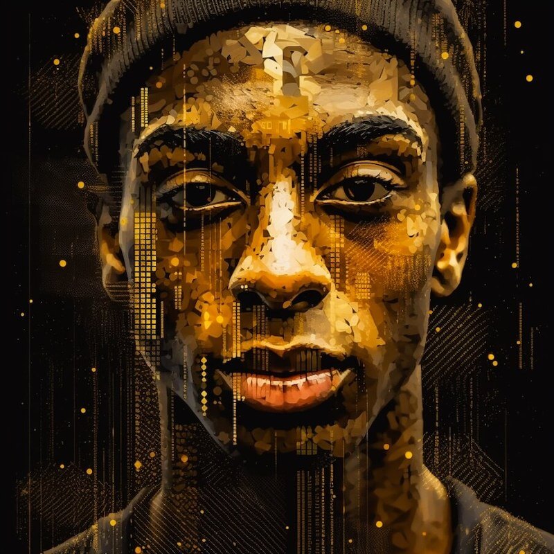 an image of Michael+Thomas in the style of abstract paint, headshot, in the style of hip hop aesthetics, black and gold, pixel perfect, 32k uhd, dark black and gold