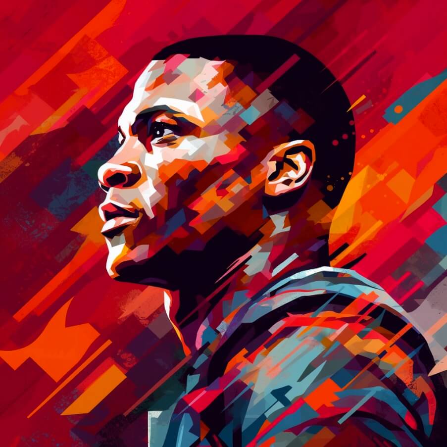 an image of Russell Westbrook in the style of abstract paint, headshot, in the style of hip hop aesthetics, pixel perfect, 32k uhd, Jimmy Butler's Shoe Size