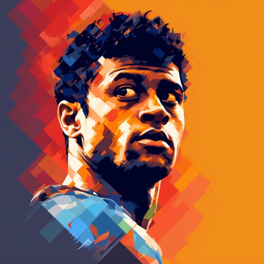 an image of russell wilson in the style of abstract paint, in the style of hip hop aesthetics, orange with blue, pixel perfect, 32k uhd, dark blue and light crimson, russell wilson shoe size