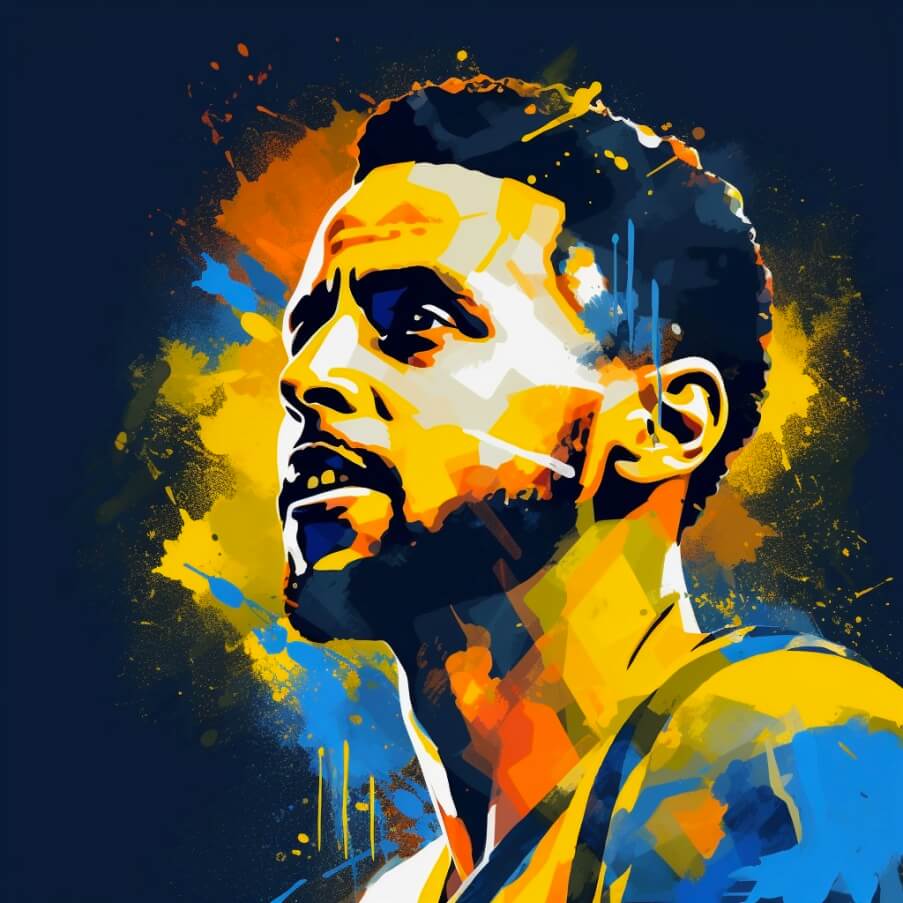 an image of Steph Curry in the style of abstract paint, headshot, in the style of hip hop aesthetics, Golden State Warriors colors, pixel perfect, 32k uhd, Step Curry's Shoe Size