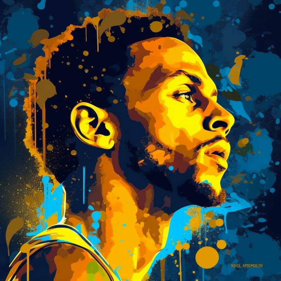 an image of Steph Curry in the style of abstract paint, headshot, in the style of hip hop aesthetics, Golden State Warriors colors, pixel perfect, 32k uhd, Stephen Curry's Shoe Size