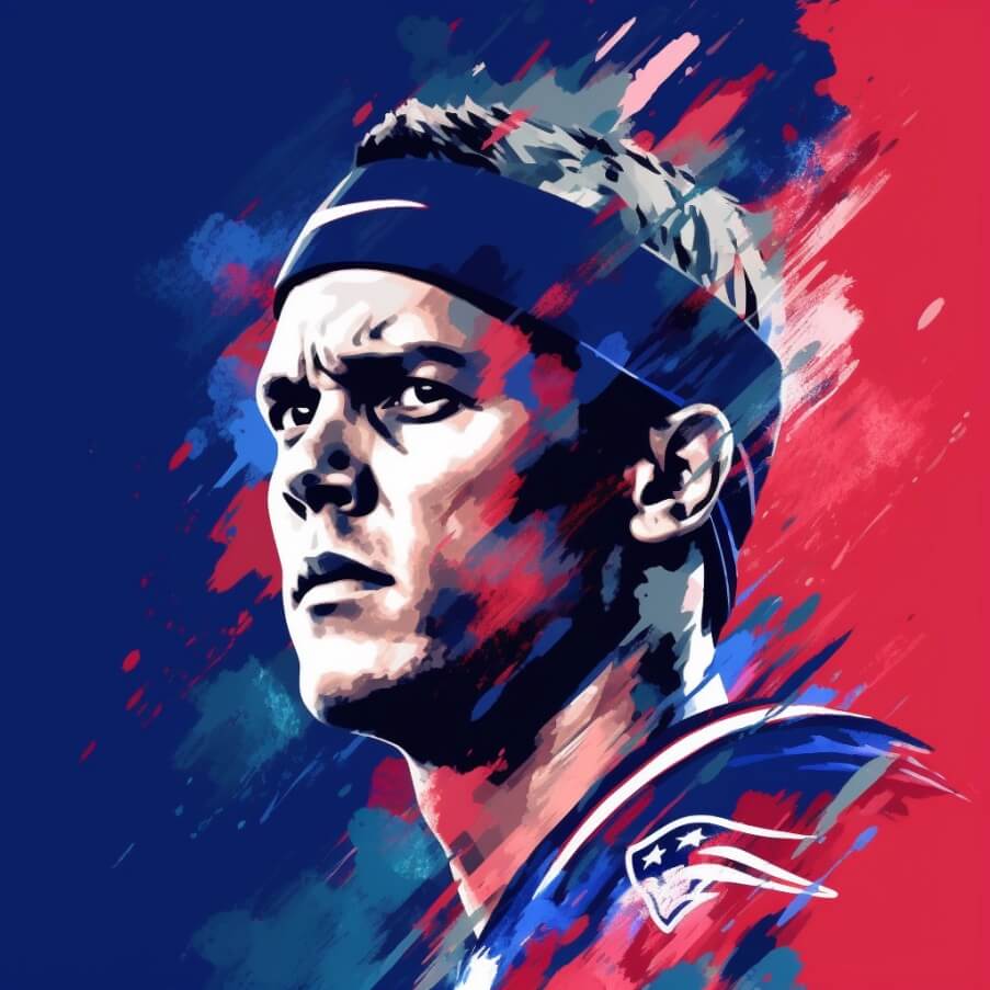 an image of Tom Brady in the style of abstract paint, in the style of hip hop aesthetics, blue and red, pixel perfect, 32k uhd, dark blue and light crimson, Tom Brady shoe size