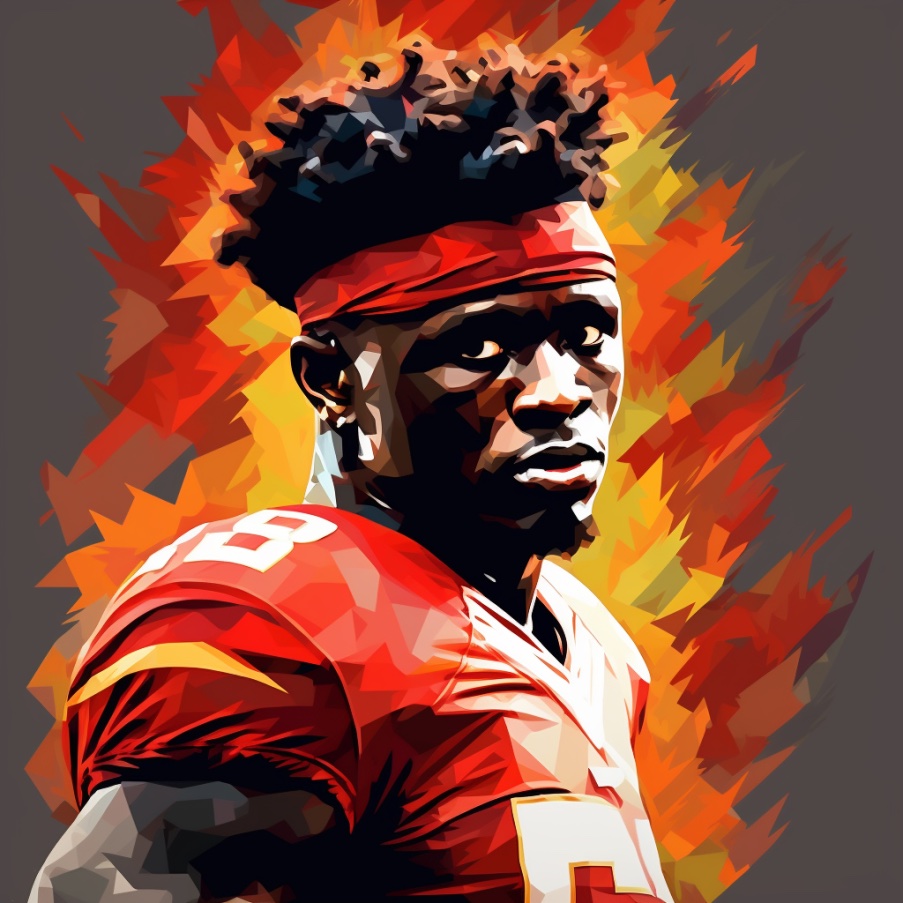 an image of Tyreek Hill in the style of abstract paint, in the style of hip hop aesthetics, red white orange, pixel perfect, 32k uhd, dark red and light crimson, Tyreek Hill shoe size