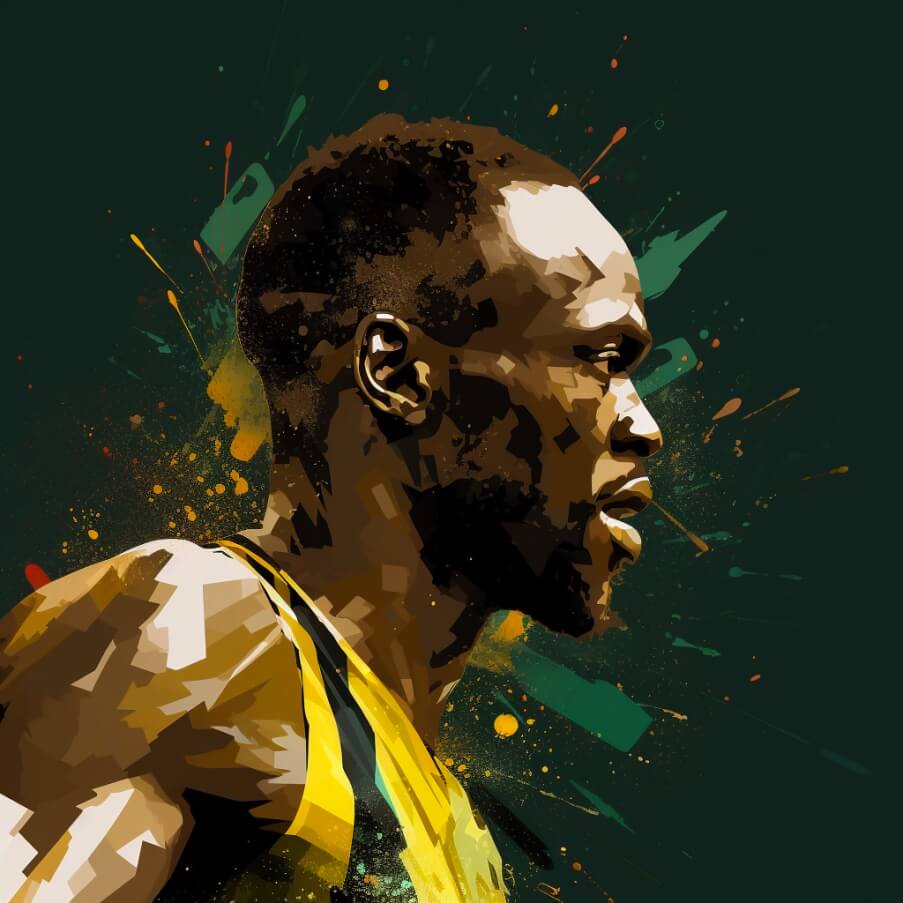 an image of Usain Bolt in the style of abstract paint, in the style of hip hop aesthetics, headshot, green and gold, pixel perfect, 32k uhd, dark black and gold