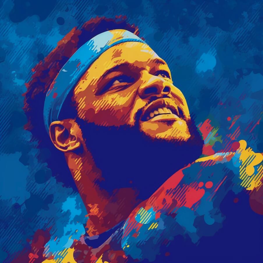 an image of Aaron Donald in the style of abstract paint, in the style of hip hop aesthetics, blue and yellow, pixel perfect, 32k uhd, dark blue and light crimson, Aaron Donald shoe size