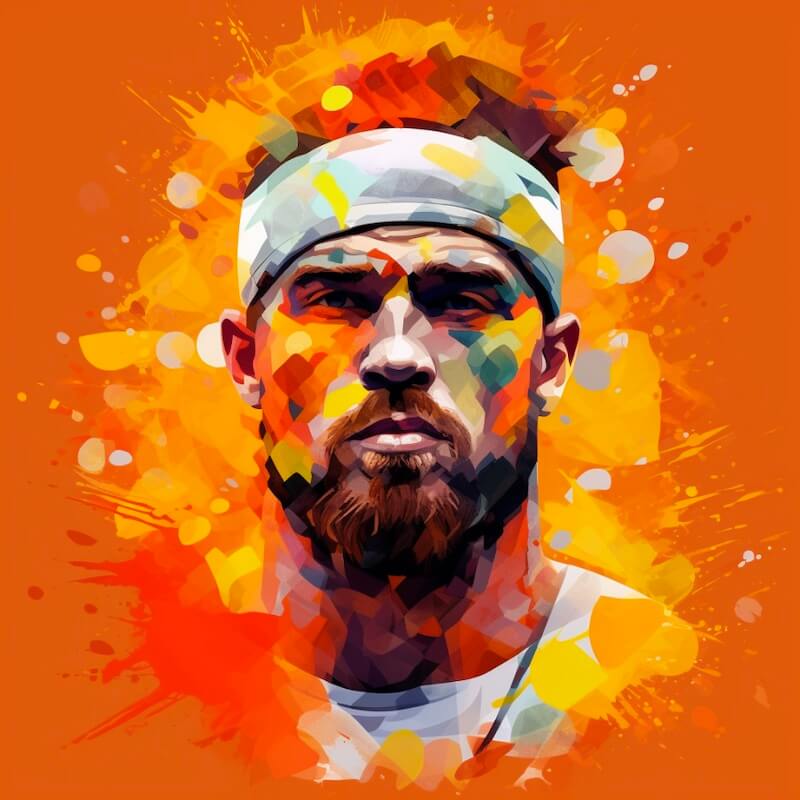 an image of Travis Kelce in the style of abstract paint, headshot, in the style of hip hop aesthetics, orange with white, pixel perfect, 32k uhd, dark white and light crimson